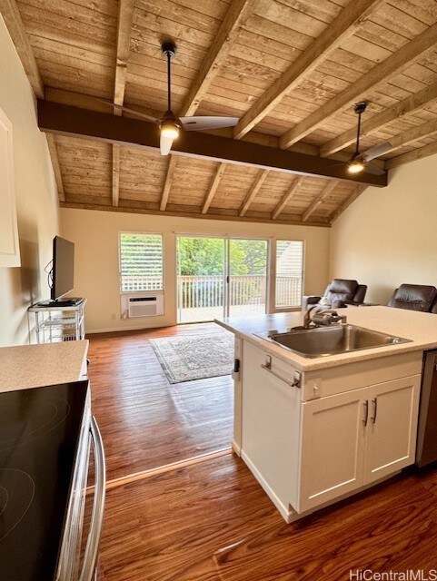 47-665 Hui Kelu St Unit 7702, Kaneohe, HI 96744 - kitchen featuring wooden ceiling, a ceiling fan, open floor plan, a sink, and range