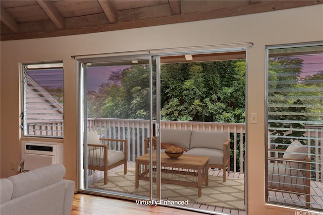 47-665 Hui Kelu St Unit 7702, Kaneohe, HI 96744 - doorway to outside with wood finished floors and wood ceiling with exposed beams