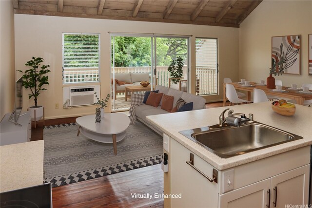 47-665 Hui Kelu St Unit 7702, Kaneohe, HI 96744 - kitchen featuring a sink, wood ceiling, wood finished floors, light countertops, and white cabinets