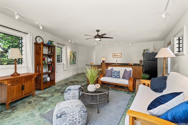176 Kaiholu St, Kailua, HI 96734 - living area featuring rail lighting, a ceiling fan, and healthy amount of natural light