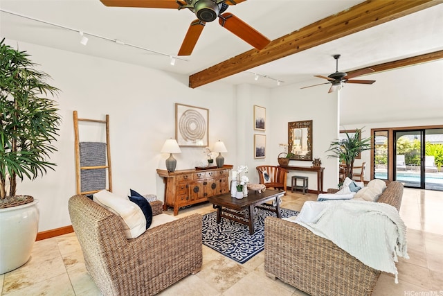 176 Kaiholu St, Kailua, HI 96734 - living room with track lighting, ceiling fan, beamed ceiling, and baseboards