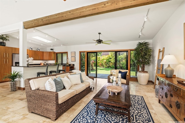 176 Kaiholu St, Kailua, HI 96734 - living area featuring rail lighting, a ceiling fan, and a skylight