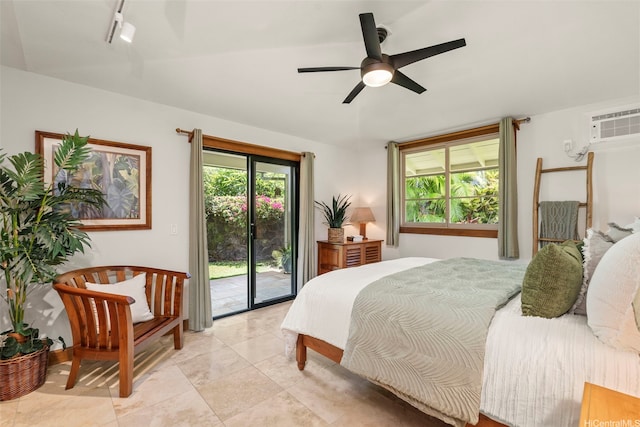 176 Kaiholu St, Kailua, HI 96734 - bedroom with access to exterior, track lighting, light tile patterned floors, an AC wall unit, and ceiling fan