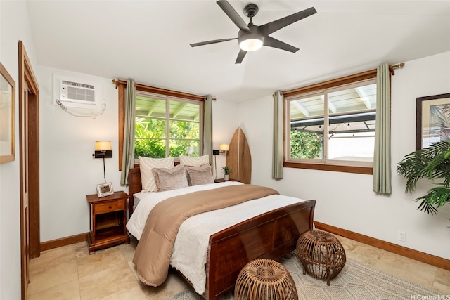176 Kaiholu St, Kailua, HI 96734 - bedroom with baseboards, multiple windows, a wall mounted AC, and a ceiling fan