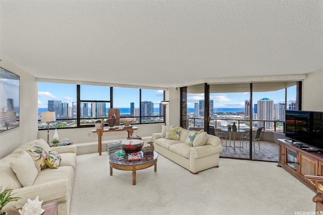1221 Victoria St Unit 3205, Honolulu, HI 96814 - living room featuring a view of city, carpet floors, and a textured ceiling