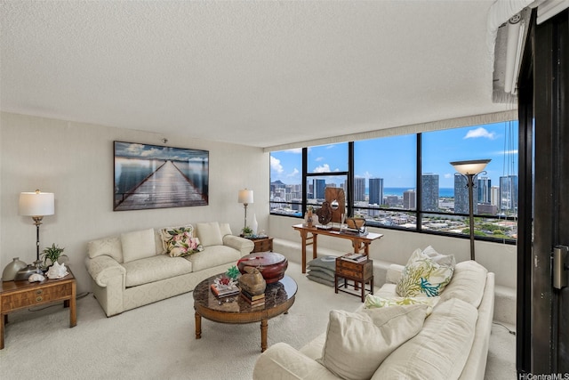 1221 Victoria St Unit 3205, Honolulu, HI 96814 - living room with a view of skyline, carpet flooring, and a textured ceiling