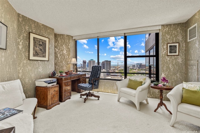 1221 Victoria St Unit 3205, Honolulu, HI 96814 - office featuring wallpapered walls, a skyline view, carpet floors, and a textured ceiling