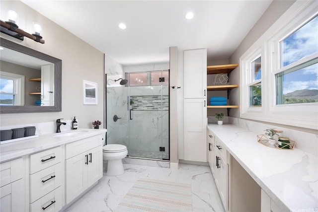 7421 Mokuhano Pl, Honolulu, HI 96825 - bathroom featuring vanity, marble finish flooring, a marble finish shower, and recessed lighting