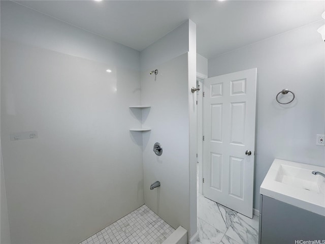 609 Olomana St, Kailua, HI 96734 - full bath featuring a shower, vanity, and marble look tile flooring