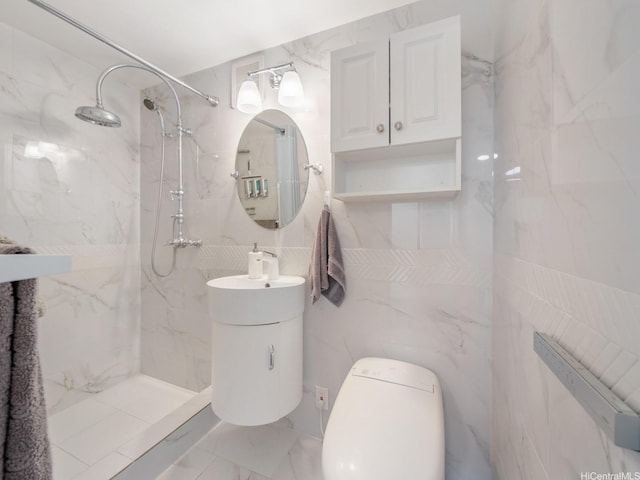 445 Kaiolu St Unit 409, Honolulu, HI 96815 - bathroom with tile walls, a marble finish shower, toilet, marble finish flooring, and vanity