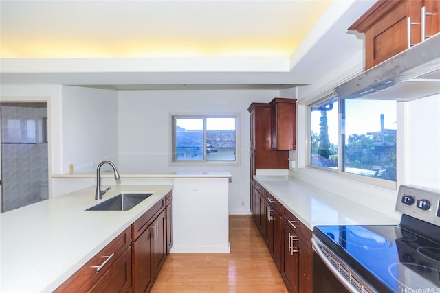 736 Ulili St, Honolulu, HI 96816 - kitchen with stainless steel electric range oven, a sink, exhaust hood, light wood-type flooring, and light countertops