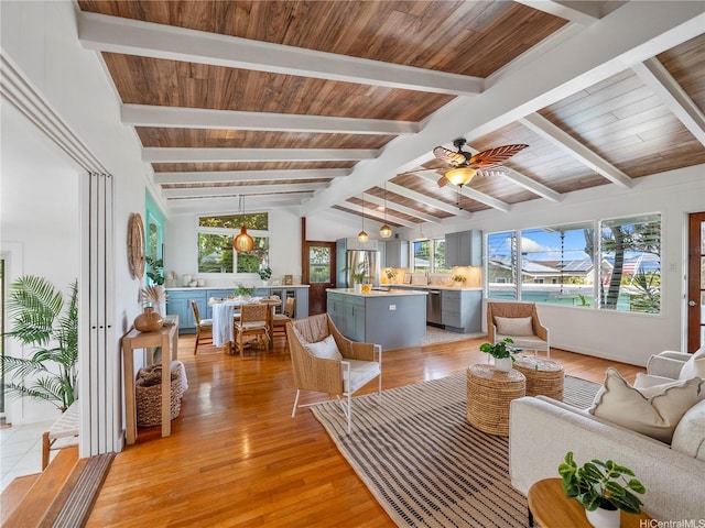 45-141A Kokokahi Pl, Kaneohe, HI 96744 - living room featuring light wood finished floors, a ceiling fan, and wood ceiling