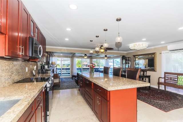 477 Opihikao Place -, Honolulu, HI 96825 - kitchen with stainless steel microwave, range with electric stovetop, reddish brown cabinets, a wall mounted air conditioner, and crown molding