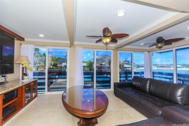 477 Opihikao Place -, Honolulu, HI 96825 - living area featuring beam ceiling, ceiling fan, crown molding, and light tile patterned floors
