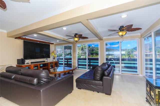 477 Opihikao Place -, Honolulu, HI 96825 - living room with crown molding, coffered ceiling, beam ceiling, a ceiling fan, and recessed lighting