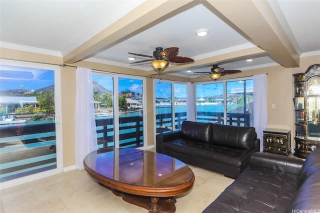 477 Opihikao Place -, Honolulu, HI 96825 - living room with a ceiling fan, ornamental molding, beam ceiling, and recessed lighting