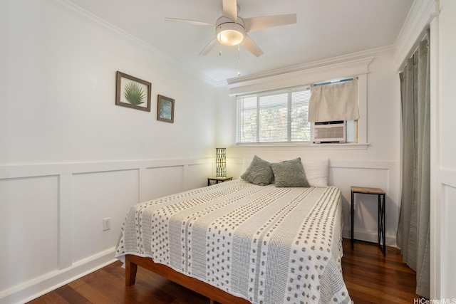 54-298 Hauula Homestead Rd Unit A, Hauula, HI 96717 - bedroom featuring a decorative wall, crown molding, wood finished floors, a wainscoted wall, and ceiling fan