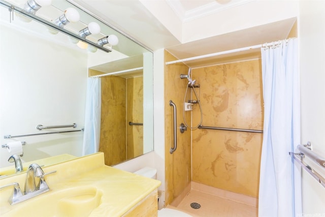 1717 Ala Wai Blvd Unit 303, Honolulu, HI 96815 - bathroom with vanity, curtained shower, ornamental molding, and toilet