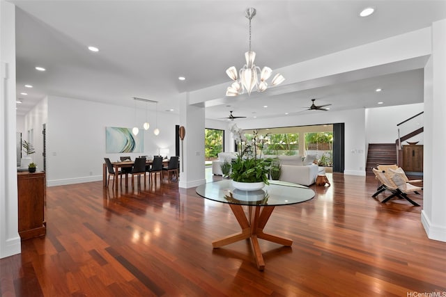 47 Kaapuni Dr, Kailua, HI 96734 - dining room with a ceiling fan, stairway, wood finished floors, a chandelier, and recessed lighting