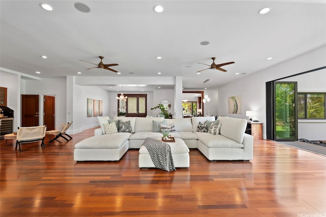 47 Kaapuni Dr, Kailua, HI 96734 - living area featuring healthy amount of natural light, a ceiling fan, recessed lighting, and wood finished floors