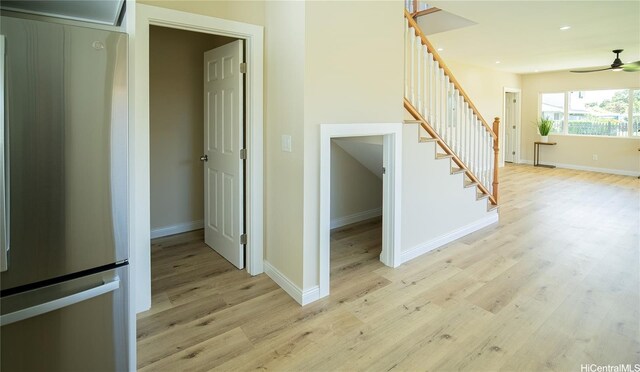 84-160 Jade St, Waianae, HI 96792 - staircase featuring wood finished floors, ceiling fan, baseboards, and recessed lighting