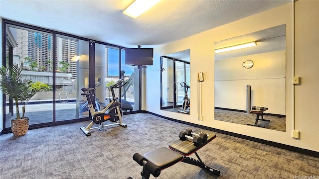 1850 Ala Moana Blvd Unit 222, Honolulu, HI 96815 - workout area featuring floor to ceiling windows, carpet flooring, and baseboards