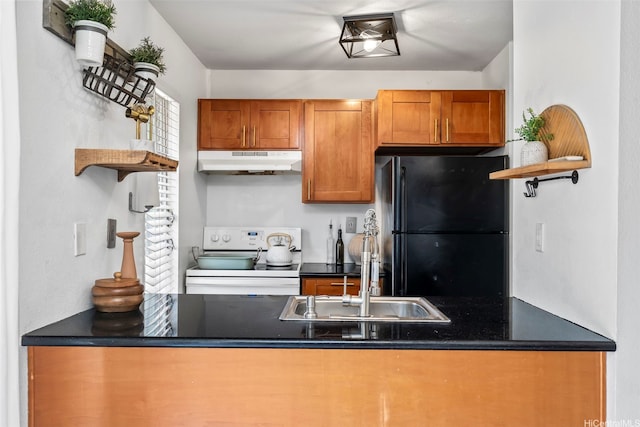 68-077 Au St Unit 2D, Waialua, HI 96791 - kitchen with white range with electric cooktop, under cabinet range hood, freestanding refrigerator, open shelves, and a sink