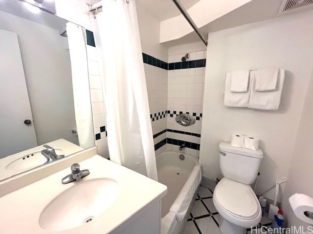 444 Niu St Unit 1312, Honolulu, HI 96815 - full bathroom featuring toilet, shower / bathtub combination with curtain, vanity, and tile patterned flooring