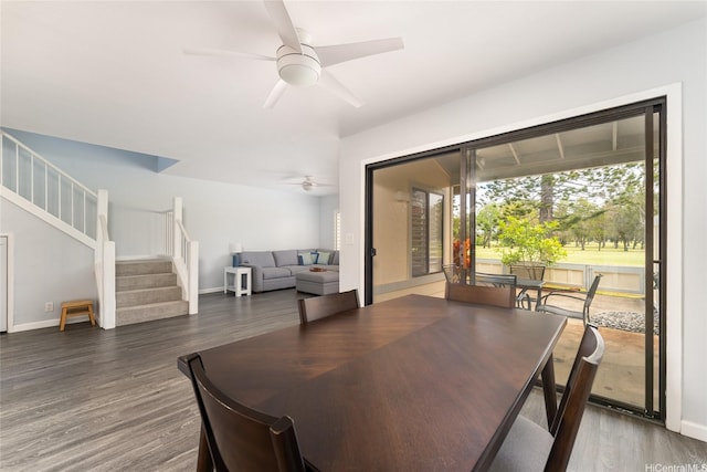 95-280 Ualalehu St Unit 18, Mililani, HI 96789 - dining room featuring stairway, ceiling fan, wood finished floors, and baseboards