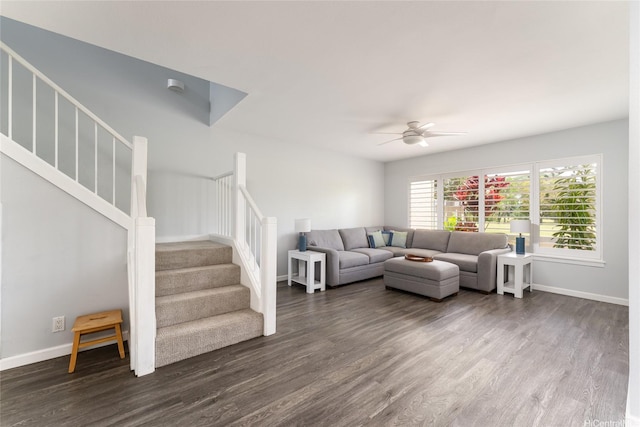 95-280 Ualalehu St Unit 18, Mililani, HI 96789 - living room with dark wood finished floors, a ceiling fan, stairs, and baseboards
