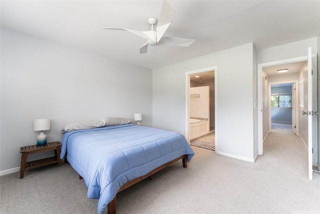 95-280 Ualalehu St Unit 18, Mililani, HI 96789 - bedroom with light colored carpet, baseboards, ceiling fan, and ensuite bath