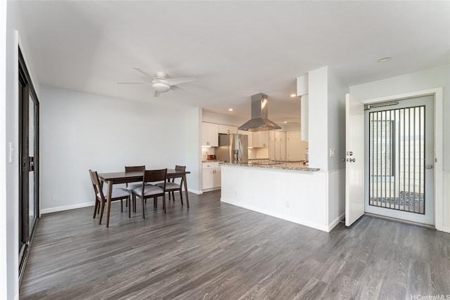 95-280 Ualalehu St Unit 18, Mililani, HI 96789 - kitchen with stainless steel refrigerator with ice dispenser, island range hood, a ceiling fan, dark wood-style flooring, and recessed lighting