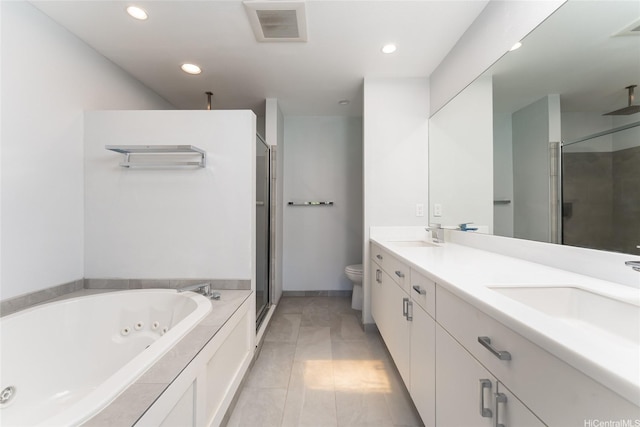 95-280 Ualalehu St Unit 18, Mililani, HI 96789 - bathroom with a stall shower, double vanity, a jetted tub, toilet, and recessed lighting