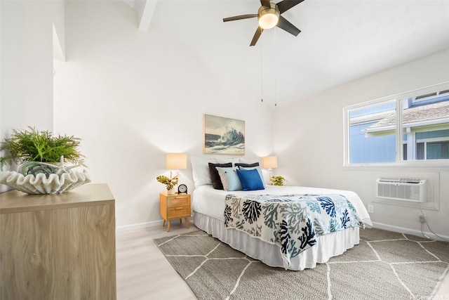 355 Aoloa St Unit D203, Kailua, HI 96734 - bedroom featuring baseboards, wood finished floors, ceiling fan, high vaulted ceiling, and beam ceiling