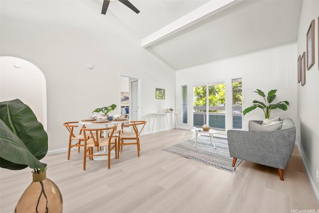 355 Aoloa St Unit D203, Kailua, HI 96734 - sitting room with high vaulted ceiling, baseboards, light wood finished floors, ceiling fan, and beamed ceiling