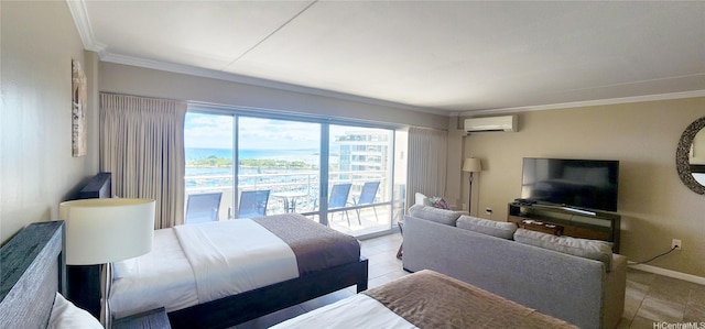 1777 Ala Moana Blvd Unit 1506, Honolulu, HI 96815 - tiled bedroom featuring a wall mounted AC, crown molding, access to exterior, and baseboards