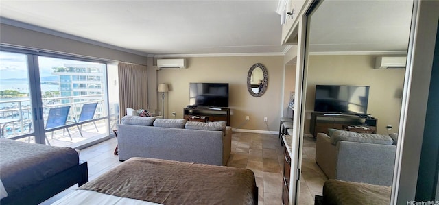 1777 Ala Moana Blvd Unit 1506, Honolulu, HI 96815 - living room featuring crown molding, a wall unit AC, and baseboards