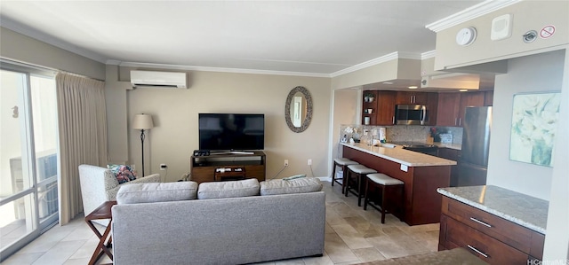 1777 Ala Moana Blvd Unit 1506, Honolulu, HI 96815 - living area featuring a wall mounted air conditioner, ornamental molding, and light tile patterned flooring