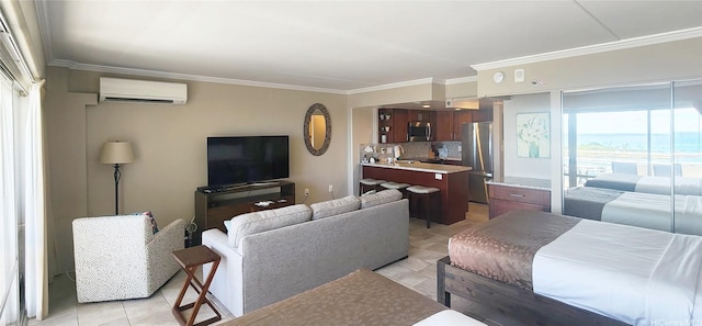 1777 Ala Moana Blvd Unit 1506, Honolulu, HI 96815 - living area featuring an AC wall unit, ornamental molding, and light tile patterned floors