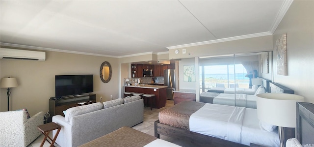 1777 Ala Moana Blvd Unit 1506, Honolulu, HI 96815 - living room featuring crown molding and a wall mounted AC
