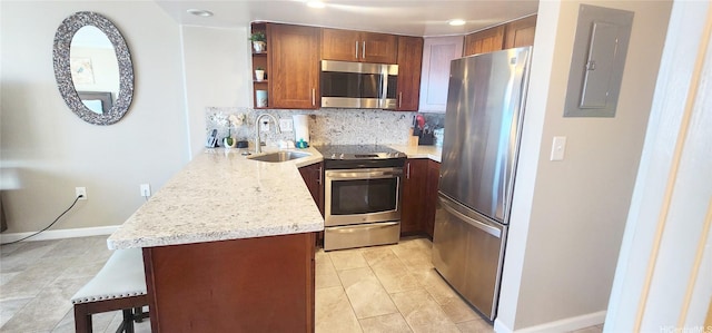 1777 Ala Moana Blvd Unit 1506, Honolulu, HI 96815 - kitchen featuring stainless steel appliances, a sink, electric panel, tasteful backsplash, and open shelves