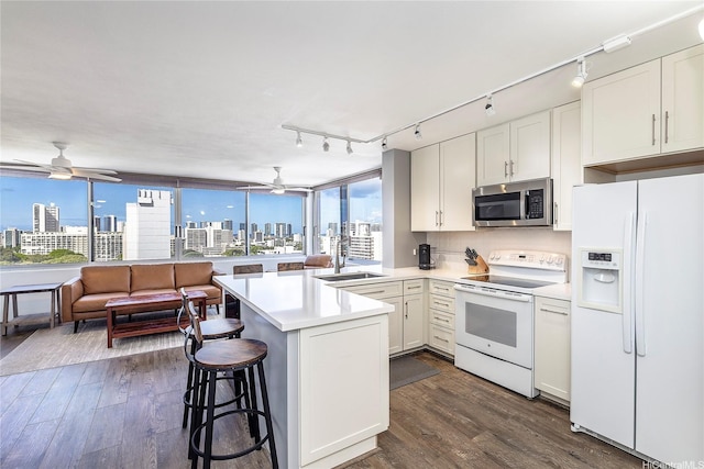 1545 Nehoa St Unit 802, Honolulu, HI 96822 - kitchen featuring white appliances, a sink, ceiling fan, a skyline view, and track lighting