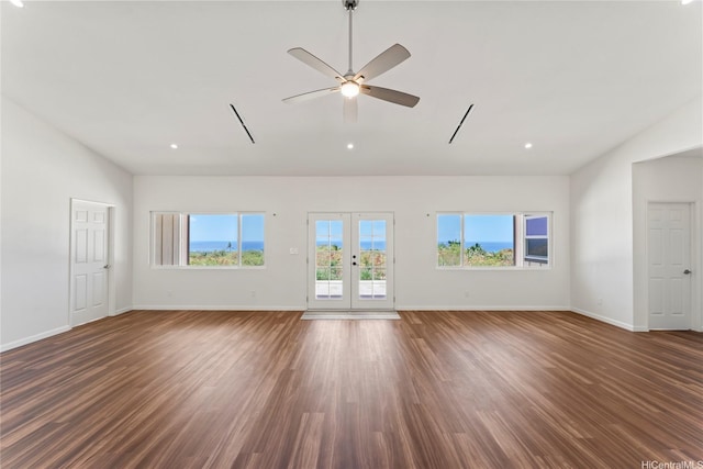84-920 Moaelehua St, Waianae, HI 96792 - unfurnished living room featuring dark wood-type flooring, baseboards, ceiling fan, lofted ceiling, and recessed lighting