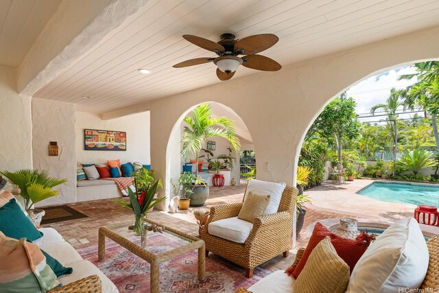 846 Mokulua Dr, Kailua, HI 96734 - view of patio with an outdoor living space, an outdoor pool, and ceiling fan