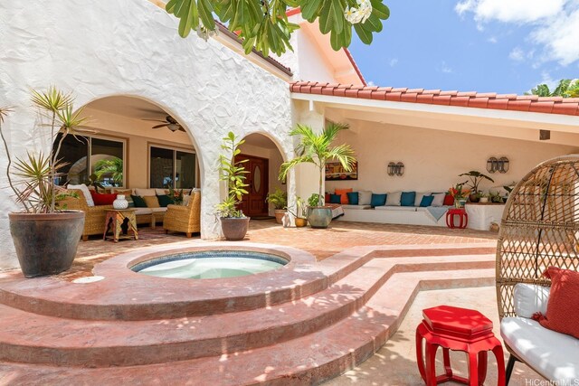 846 Mokulua Dr, Kailua, HI 96734 - view of patio featuring an outdoor hangout area, an in-ground hot tub, and a ceiling fan