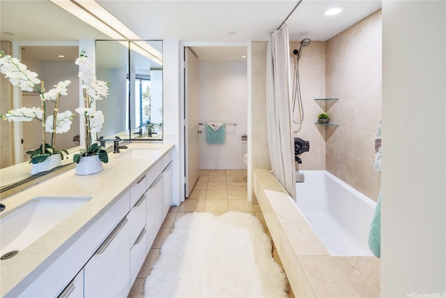 66 Queen St Unit 2904, Honolulu, HI 96813 - full bath featuring double vanity, shower / bath combination with curtain, tile patterned flooring, and recessed lighting