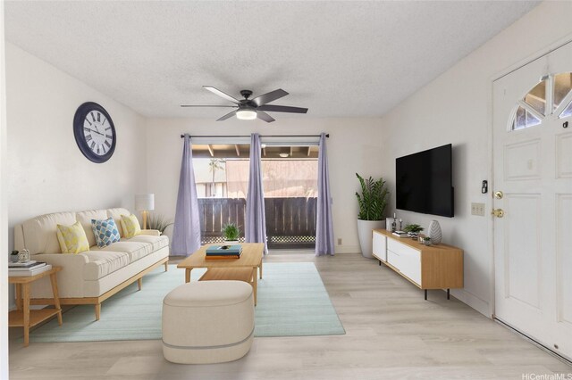 91-1040 Puamaeole St Unit 13R, Ewa Beach, HI 96706 - living area with ceiling fan, a textured ceiling, and light wood-type flooring