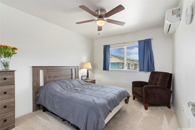 91-3524 Iwikuamoo St Unit 402, Ewa Beach, HI 96706 - bedroom featuring light colored carpet, a wall unit AC, and ceiling fan
