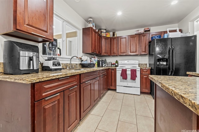 54-220 Kaipapau Loop, Hauula, HI 96717 - kitchen featuring white electric range oven, black fridge with ice dispenser, a sink, light tile patterned flooring, and light stone counters