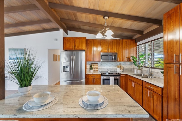 87-217 Maia St, Waianae, HI 96792 - kitchen with appliances with stainless steel finishes, a sink, decorative backsplash, a chandelier, and light stone countertops